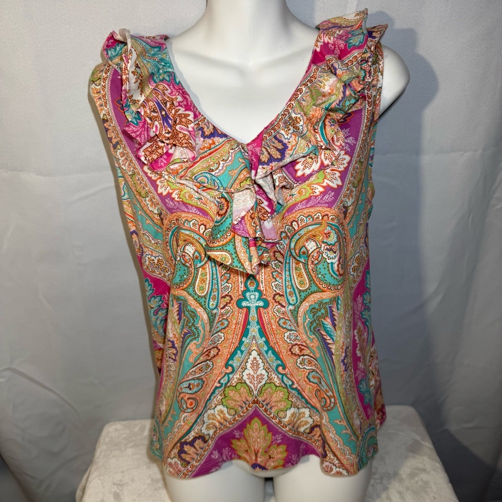 Lauren Ralph Lauren Pink Turquoise Paisley Ruffle Sleeveless Blouse